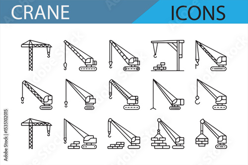 Set of industrial machinery icons including cranes, trucks, and loaders for construction design