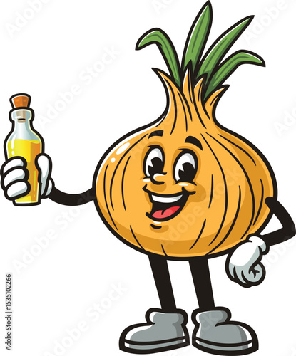 Cartoon onion character holding a bottle of oil