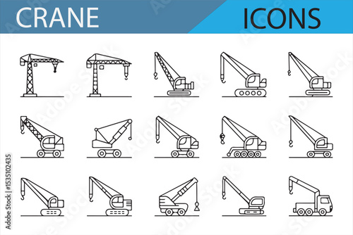 Icon collection featuring cranes, loaders, and industrial machines for construction and logistics