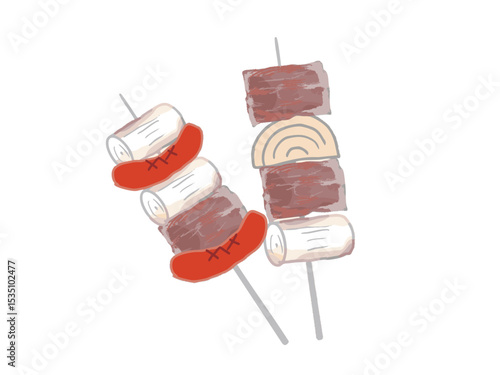 Illustration of a barbecue skewer with meat and vegetables on a skewer