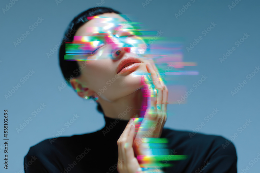 Fototapeta premium Model experiencing digital distortion glitch effect, touching face with hands