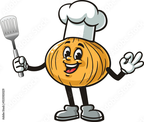 Cartoon character of onion holding a spatula and wearing a chef's hat