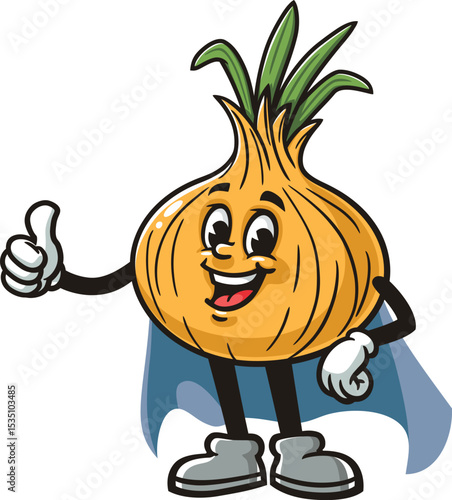 Cartoon onion character in caped superhero style