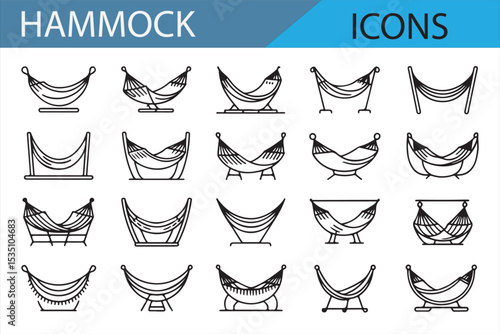 Hammock icon set showcasing various styles of hammocks for use in vacation and outdoor activities