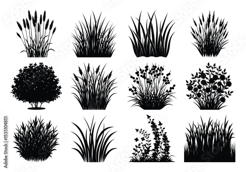 Grass and Bush Silhouettes Collection – Vector Set of Decorative Plants and Foliage on white background 


