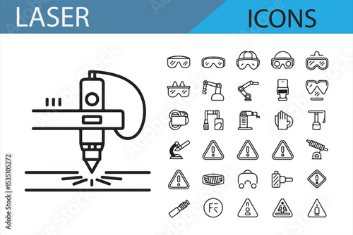 Industrial icons of laser machines, cutting tools, and engraving devices for technical and engineering designs