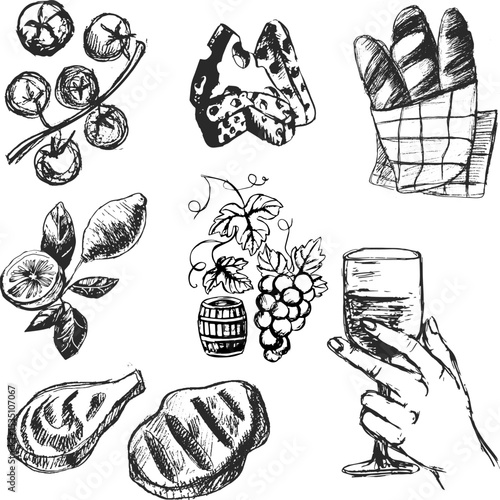 Hand-drawn food illustrations of wine, meat, and vegetables  