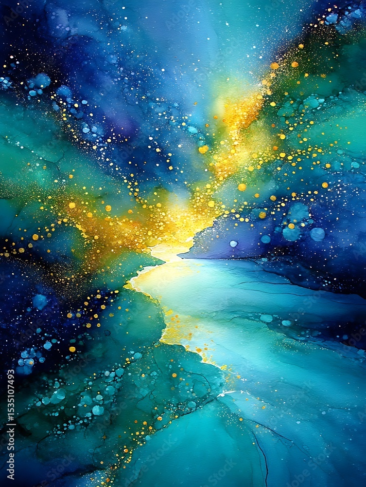 Fototapeta premium the painting depicts an abstract landscape rendered in cool blues and greens with highlights of gold