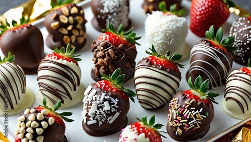 Chocolate Covered Strawberries with Different Toppings on Platter Ready for Dessert
