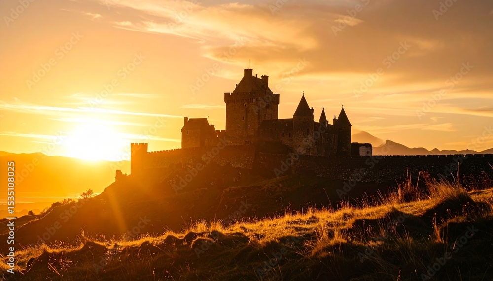 Obraz premium Majestic Castle Silhouette at Sunset Golden Hour Landscape.
