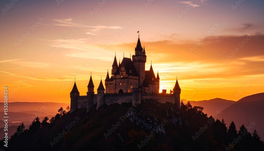 Naklejka premium Majestic Castle Silhouette at Sunset Fairytale Landscape.