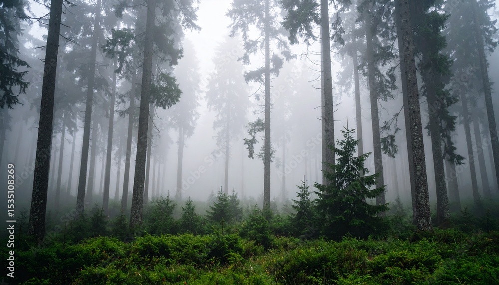 Naklejka premium Misty Forest Path Tranquil Nature Scene Peaceful Woodland Escape.