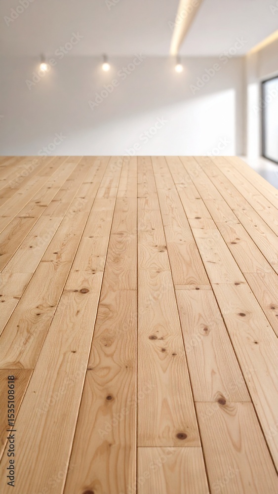 Naklejka premium Light Wooden Tabletop in Modern Minimalist Room Interior.