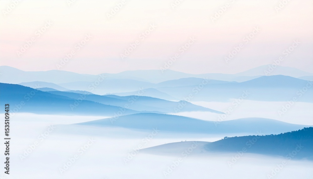 Fototapeta premium Serene Misty Mountainscape: Peaceful Blue Hues and Tranquil Atmosphere.