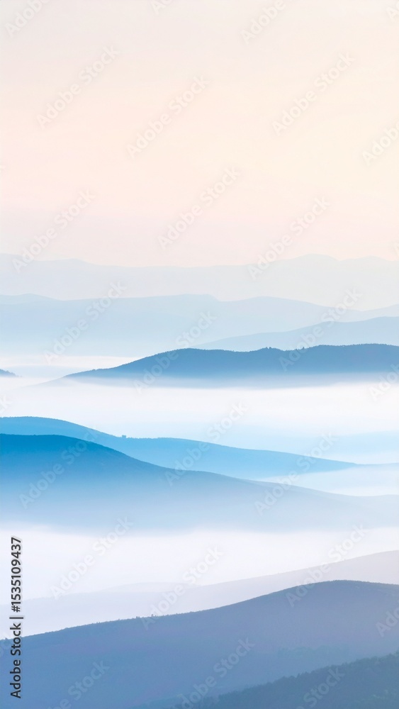 Obraz premium Serene Misty Mountainscape Soft Blue Hues Peaceful Landscape.