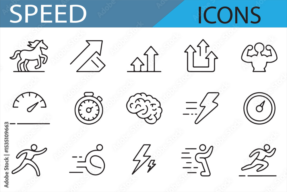 Fototapeta premium Icon collection showing objects like cars, meteors, and rockets in fast motion for dynamic design projects
