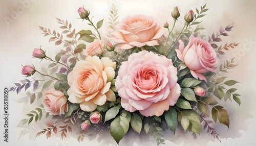 Exquisite watercolor painting of a rose bouquet, featuring soft pink and peach blooms.
