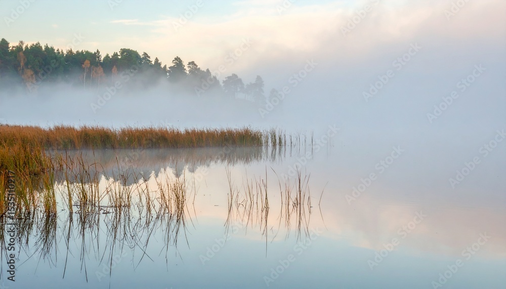 Fototapeta premium Serene Misty Lake at Sunrise Peaceful Nature Scene Tranquil Water Reflection.
