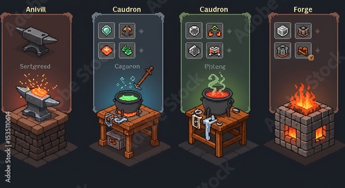 Pixel art of a blacksmith's workshop with anvil, cauldron, and forge