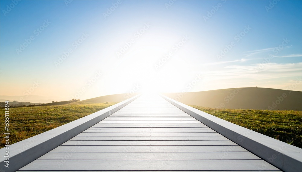Fototapeta premium Bright Future Path: Wooden Walkway Leading to a Sunlit Horizon.