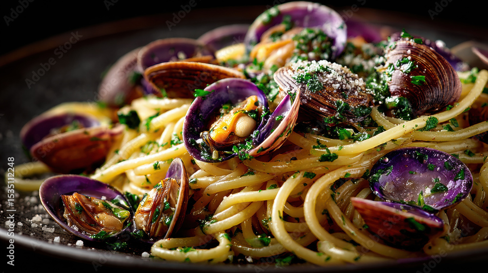 Delicious plate of spaghetti alle vongole with clams, garnished with fresh parsley and grated cheese, served on dark plate Delicious plate of spaghetti alle vongole with clams, garnished with fresh parsley and grated cheese, served on dark plate