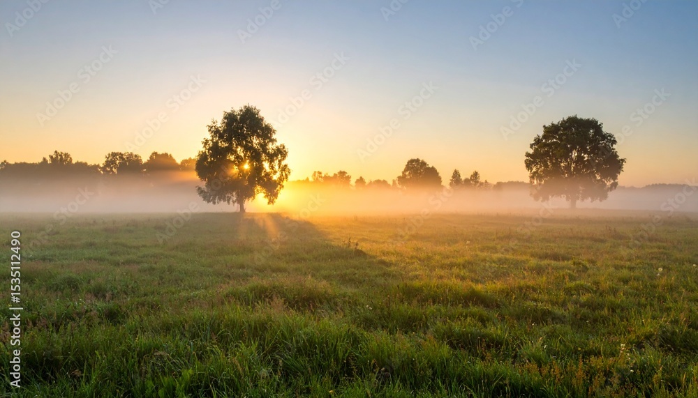 Obraz premium Serene Sunrise Meadow Landscape with Misty Trees.