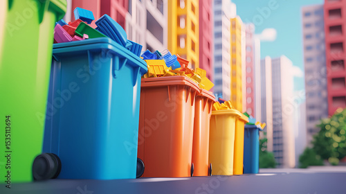 Colorful recycling bins lined up on a city street with tall buildings in the background, promoting waste segregation and environmental responsibility.