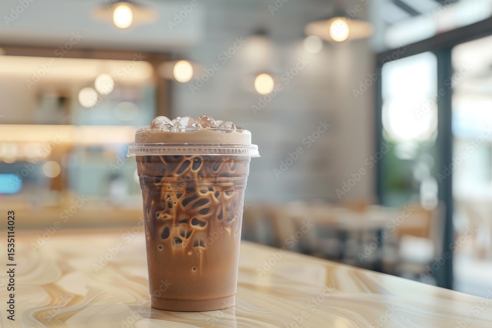 ultra HD visual of mockup of iced coffee milk in a plastic cup inside a cafe ultra HD visual of mockup of iced coffee milk in a plastic cup inside a cafe