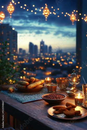 Cityscape nighttime view from window, string lights, snacks, candlelit dinner table