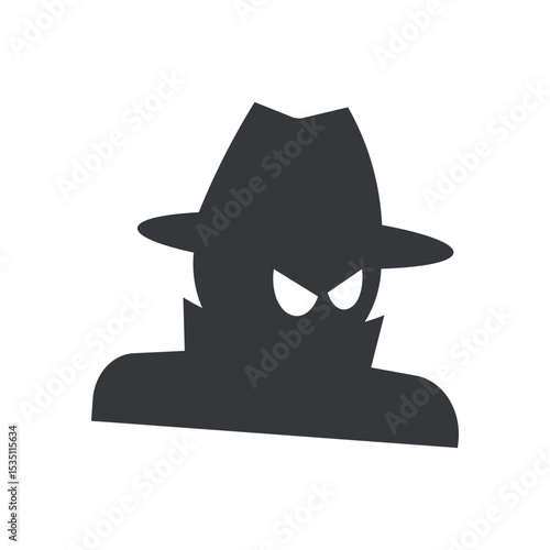 Isolated pictogram icon of a suspicious person representing criminal activity, scam behavior, theft, danger, and unauthorized or illegal presence