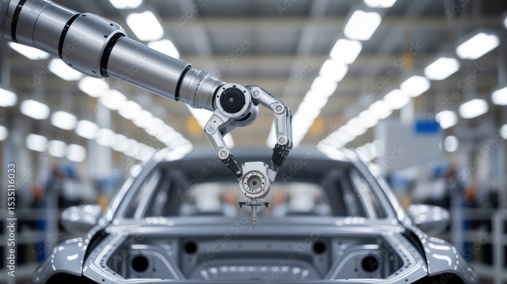 Obraz premium Robotic Arm Assembling a Vehicle in a Modern Factory