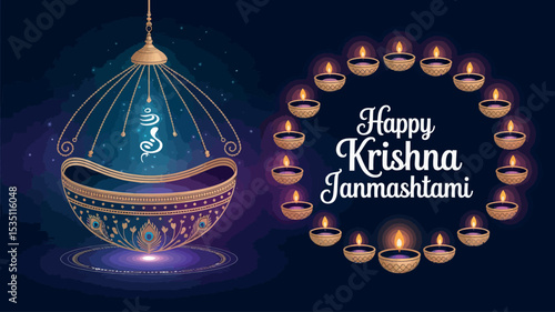 Decorative Krishna Janmashtami Poster with Cradle and Diyas Circle