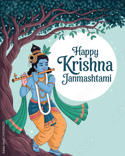 Happy Krishna Janmashtami with Lord Krishna Playing Flute Under Tree