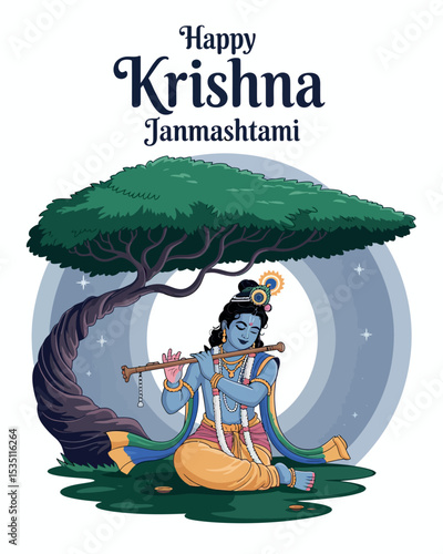 Happy Krishna Janmashtami with Lord Krishna Playing Flute Under Tree