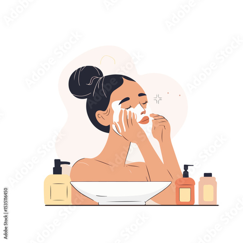 Girl washing foam face with bubbles, clean and skin care. Young woman applying cleansing beauty product soap, scrub, gel, foam mousse on cheeks. Skincare daily routine, hygiene. Vector flat illustrati
