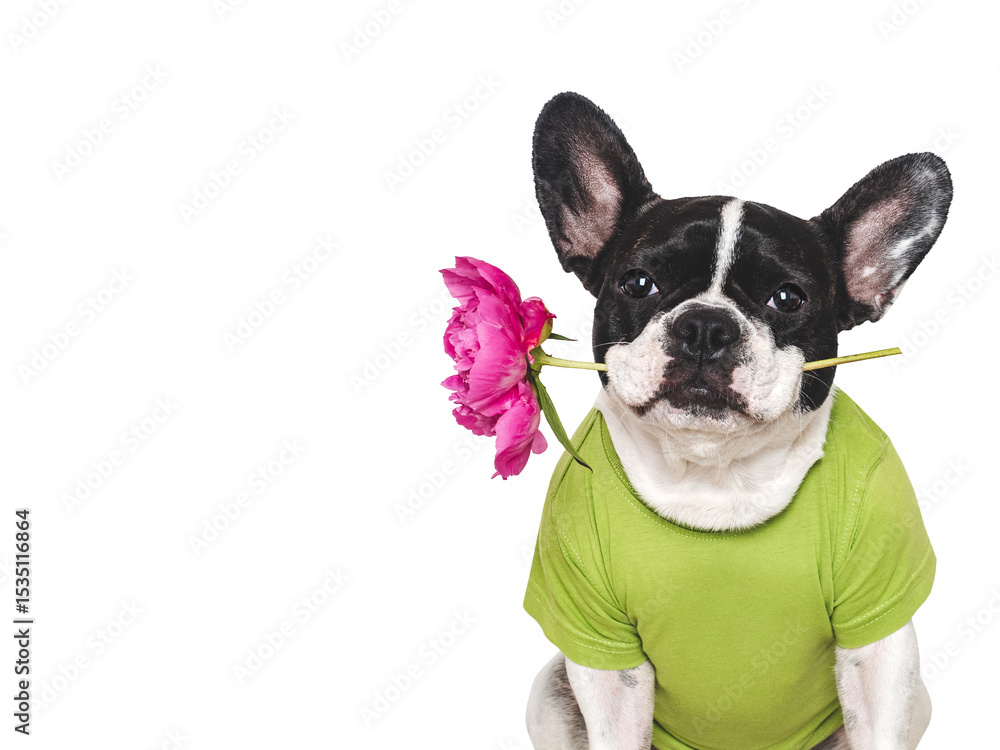 Fototapeta premium Cute puppy and red peony. Close-up, indoors. Studio shot, isolated background. Congratulations for family, relatives, loved ones, friends and colleagues. Pets care concept