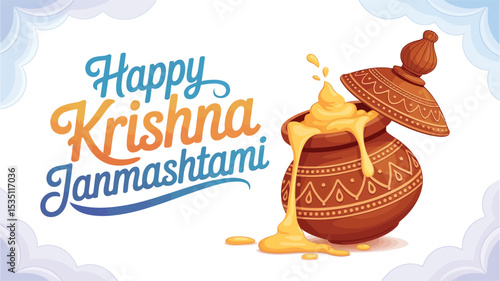 Happy Krishna Janmashtami Festival Wishes Butter Pot Design