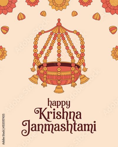 Happy Krishna Janmashtami with Decorated Swing Jhula and Floral Garland