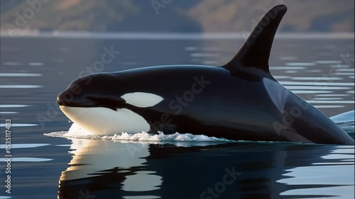 Orca whale swims in calm water during sunny day in Puget Sound