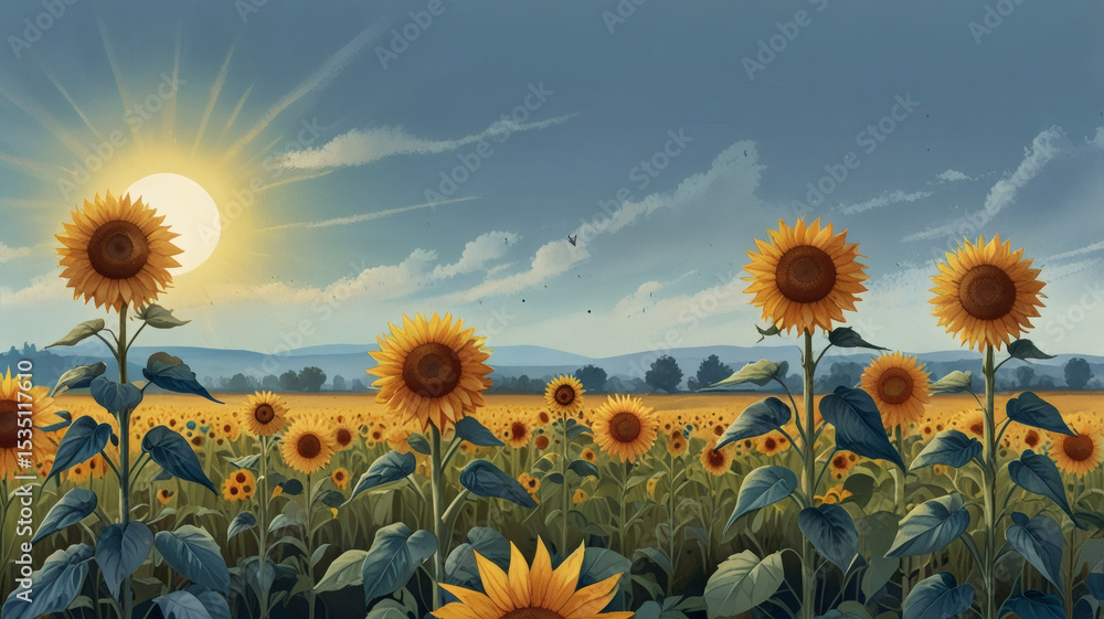 Fototapeta premium Sunflower Field Sunrise, Nature Landscape, Scenic View, Vibrant Flora, Rural Setting