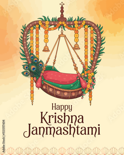 Happy Krishna Janmashtami with Decorated Swing Jhula and Floral Garland