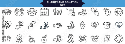 Donation and Charity Line Web Icon Set Editable Stroke Vector Icons of Help, Volunteer, Care, Solidarity, Alms, Donate, and Social Responsibility for Web Design and Mobile App UI Vector Illustration