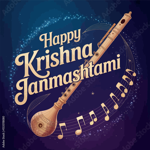 Happy Krishna Janmashtami Celebration with Musical Veena and Notes