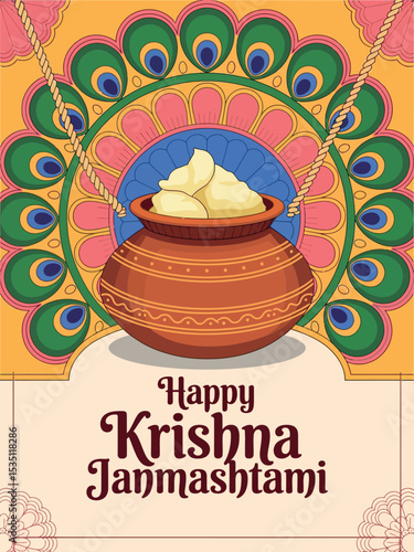 Happy Krishna Janmashtami Festival Wishes Butter Pot Design