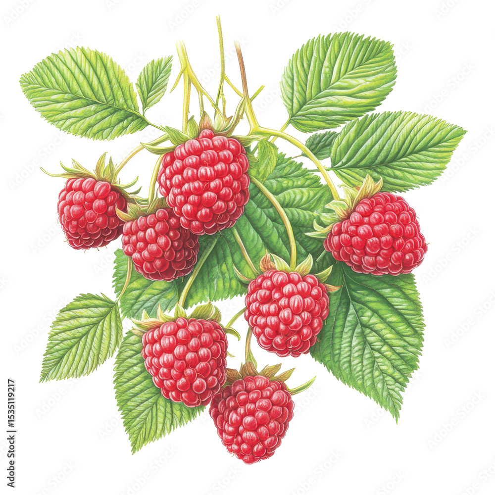 Raspberry Delight: A vibrant close-up showcases luscious, ripe raspberries, bursting with freshness and the essence of summer, delicately arranged with green leaves. Raspberry Delight: A vibrant close-up showcases luscious, ripe raspberries, bursting with freshness and the essence of summer, delicately arranged with green leaves.