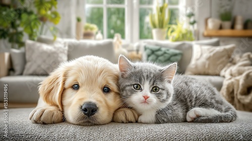 A puppy and kitten cuddling together on a sofa.