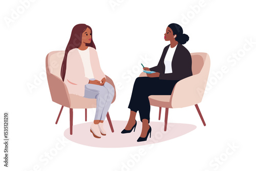 Psychologist talking with patient at mental therapy session. Private psychology, psychotherapy help concept. Flat vector illustration isolated on white background