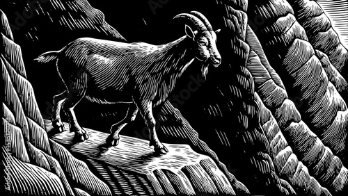 Goat climbing a steep rocky mountain slope with determination black and white sketch vector