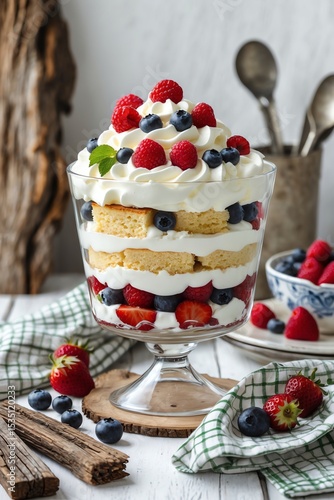 Berry Trifle Dessert with Cake and Whipped Cream in Glass