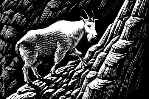 Goat climbing a steep rocky mountain slope with determination black and white sketch vector